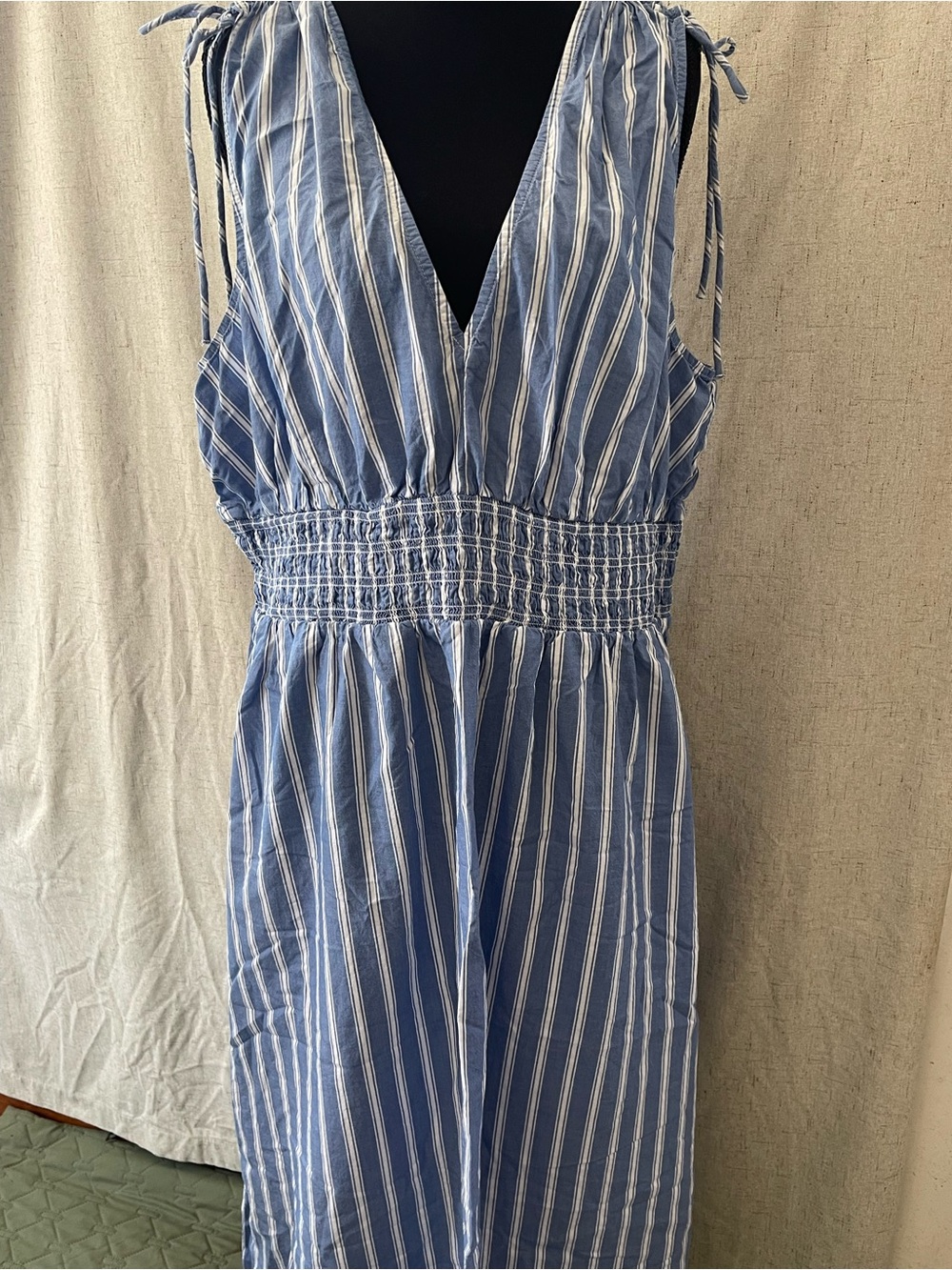 Old Navy Blue and White Striped Midi Dress with Smocked Waist